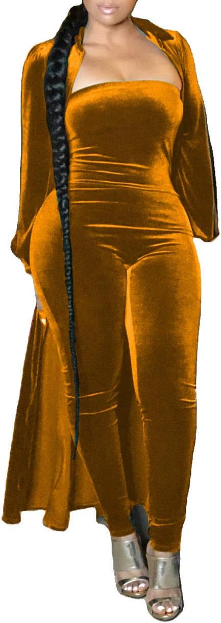 Remelon Womens Sexy Velvet 2 Piece Outfits Long Sleeve Cardigan Tube Off Shoulder Bodycon Party Jumpsuits Set Clubwear - Image 2