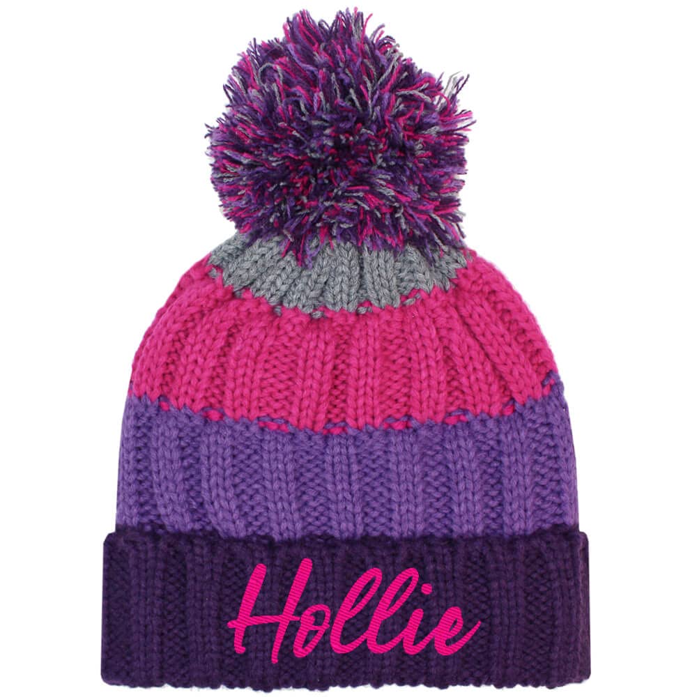 Teddyt's Girls Purple Mix Personalised Embroidered Name Striped Chunky Knitted Bobble Hat (4-10 Years) (Purple Mix)