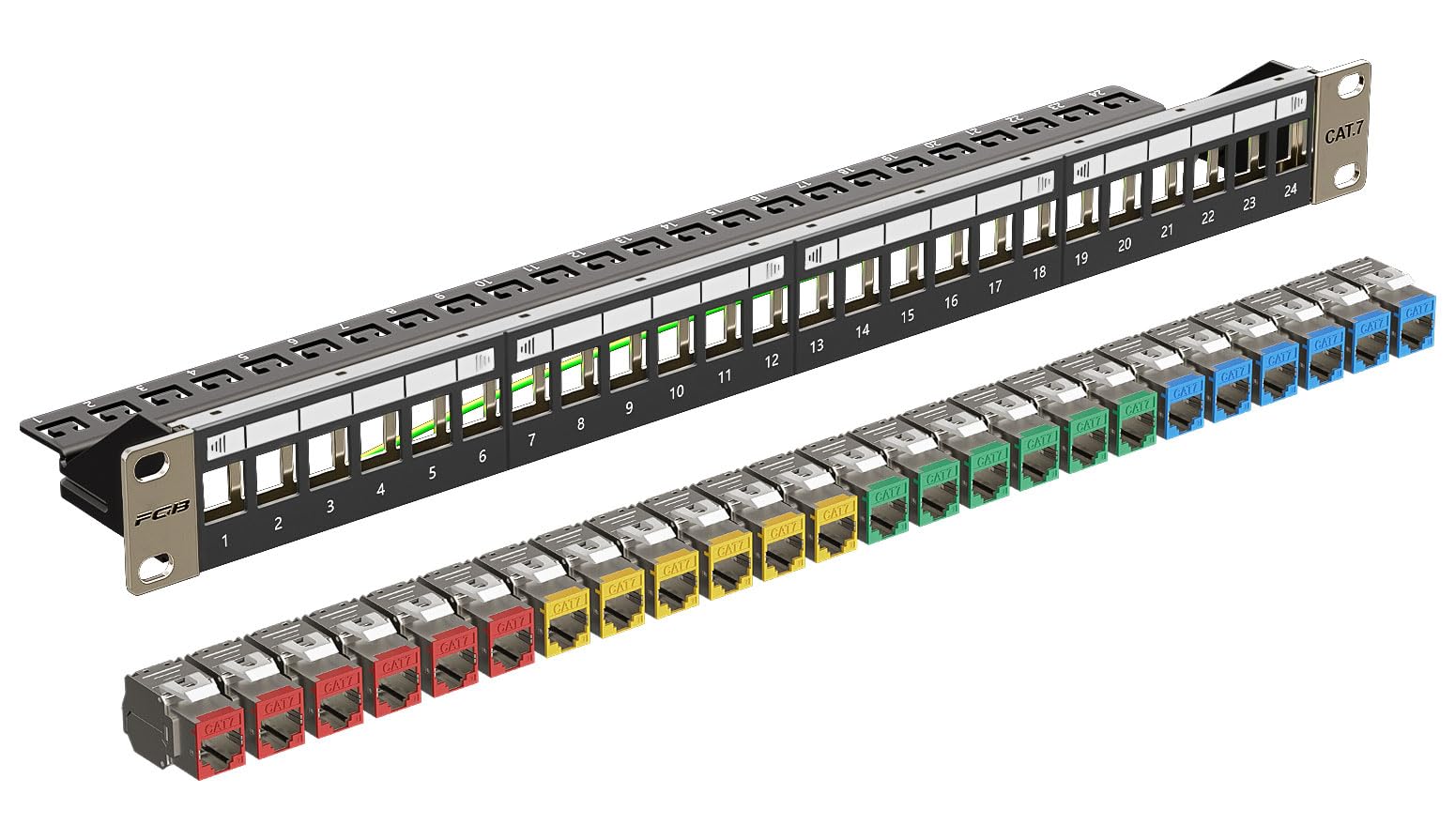 FGB Pannello patch CAT7 a 24 porte 10 Gbps 24 moduli colorati Cat7 Keystone, montaggio rack RJ45 LAN 600 MHz per switch di rete Gigabit