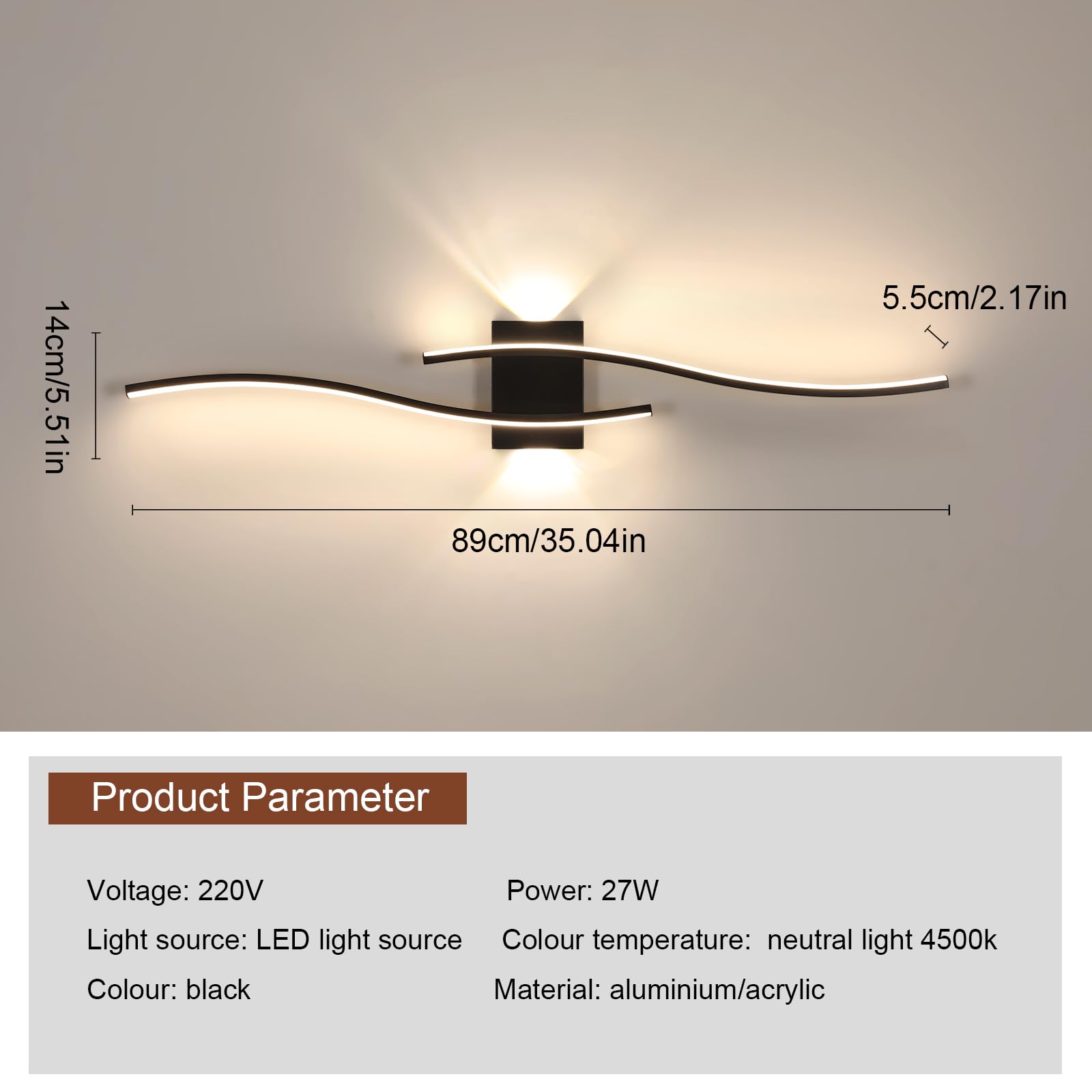 Comely Applique da Parete Interno, 27W 3000LM Lampada da Parete Nero | Moderna Nero Alluminio Minimalista Lampada da Parete LED per Camera da Letto Scale, Luce Neutra 4500K