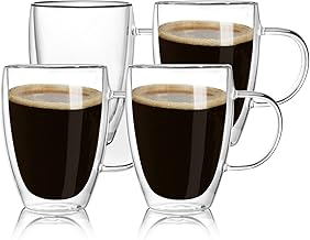 12 Oz Double Walled Glass Coffee Mugs with Handle,Insulated Layer Coffee Cups,Clear Borosilicate Thermal Glass Mugs,Tasse à café en verre Double paroi,Set of 4 for Cappuccino,Tea,Latte,Hot Beverage