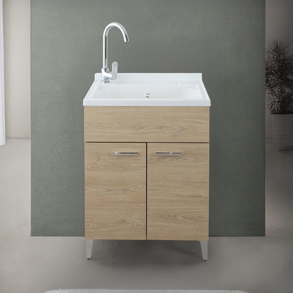 Mobile Lavatoio 60X50 Cm Con Vasca In Resina Bianca, Asse Lavapanni, Struttura In Legno Nobilitato Rovere Con Un’Anta Apribile Mediante Maniglia Cromata, Già Montato Con Kit Di Scarico Incluso
