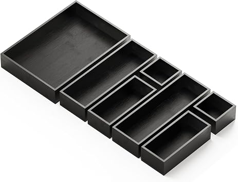 SpaceAid 7-Piece Bamboo Drawer Organizer Storage Boxes Set, Wood Tray Junk Drawer Organizers Multi-Use Divider Bins for Kitchen, Bathroom, Office Desk and Makeup Organization 7 Pack, Black