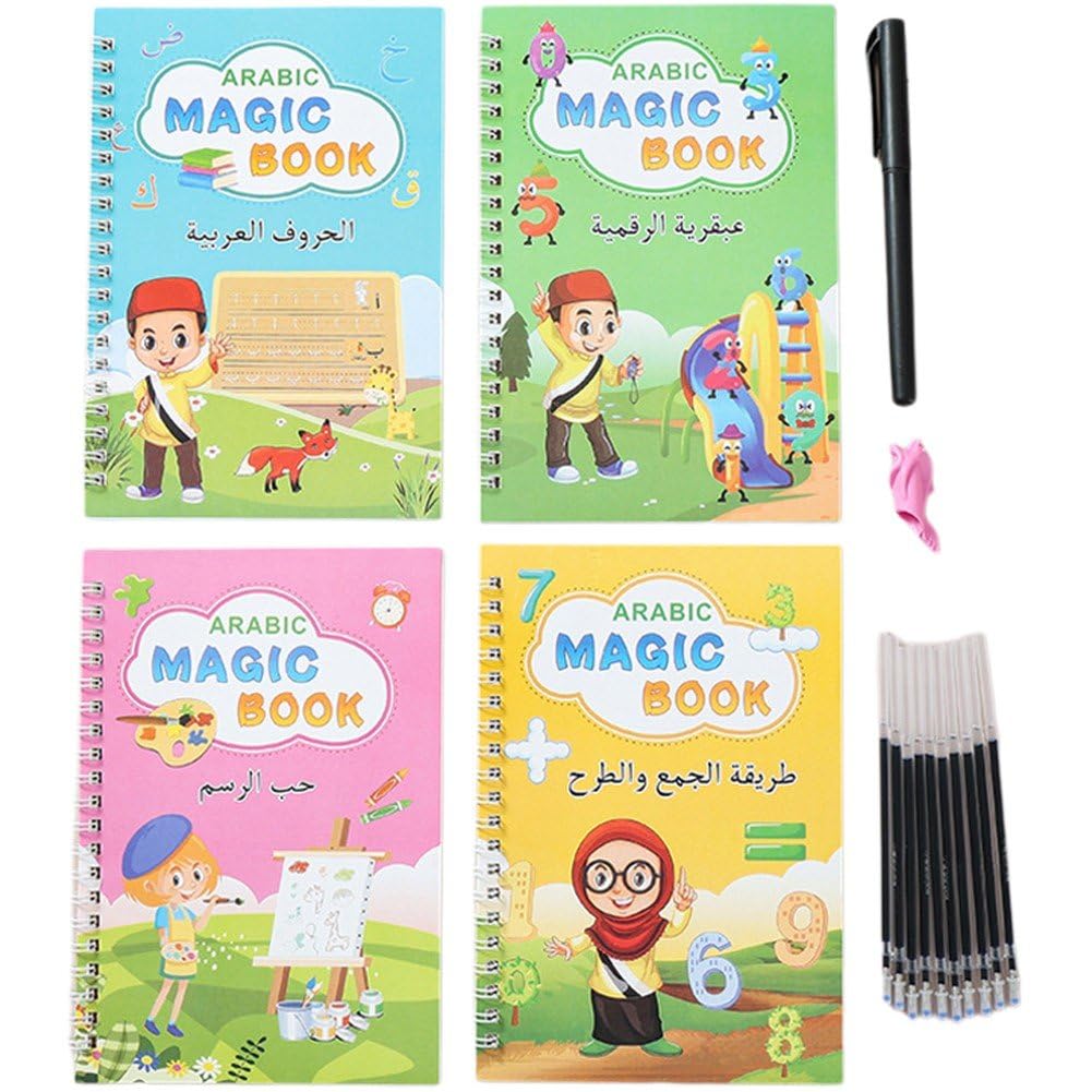 Sanfly Arabic Large Magic Ink Practice Copybook For Kids, Reusable Handwriting Workbooks For Preschools, Tracing Letter Writing Book With Pen Refill And Handwriting Aid