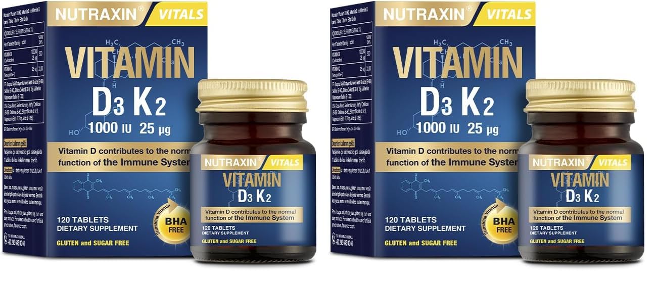 Nutraxin D3K2 120 Tablet - 1000 Iu D3 Vitamini, 25 Mcg K2 Vitamini (2 paketi)
