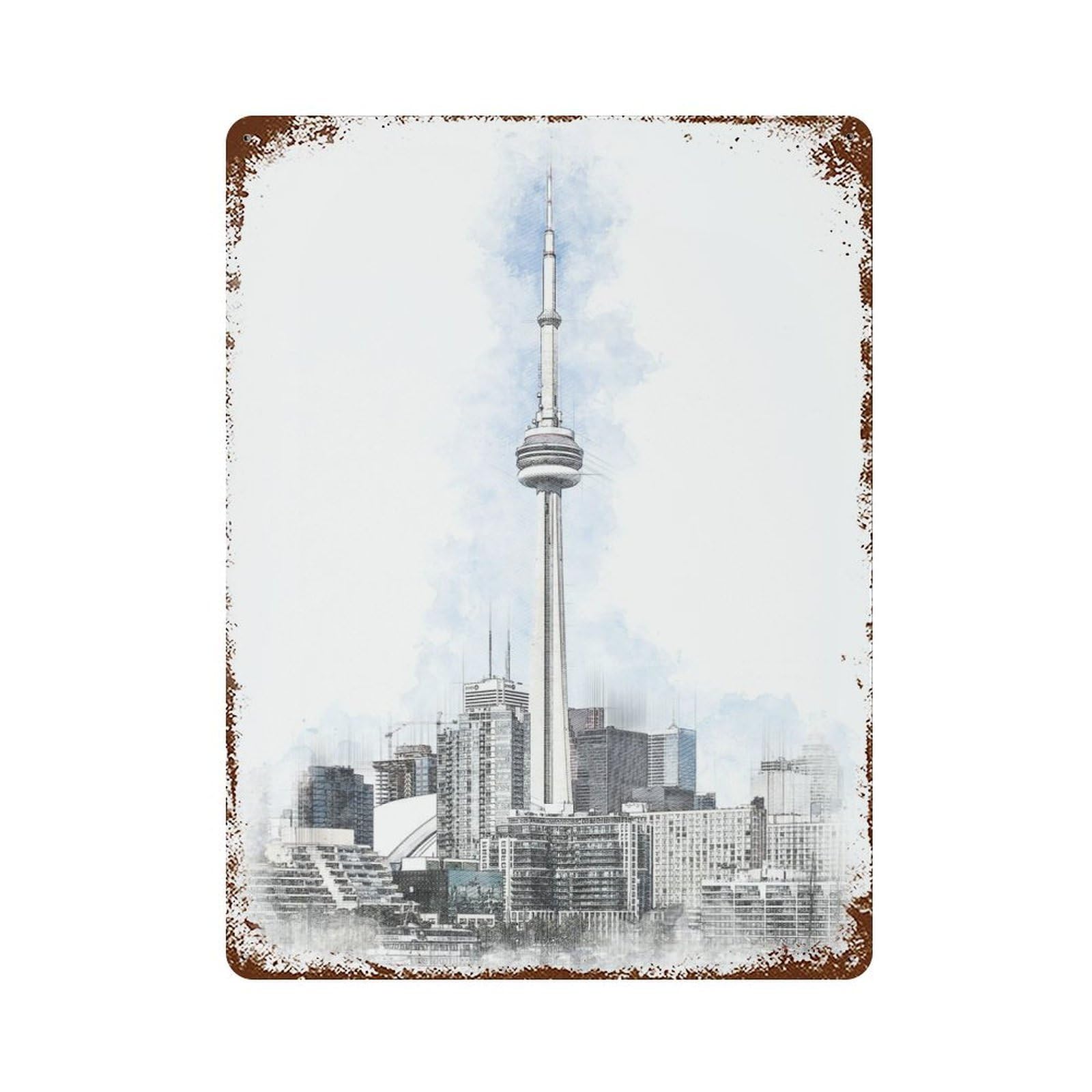 Distressed Metal Wall Sign with CN Tower Toronto Canada Design 15.7"x11.8", for Office, Studio And Wall Decor, Industrial Home Decor