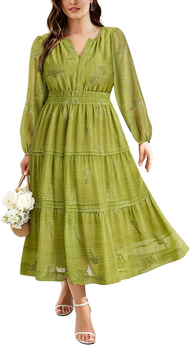 RITERA Plus Size Dresses Women Casual Fall Maxi Boho A Line Long Sleeve Ruffle V Ruffle V Neck Dress with Pocket XL-5XL