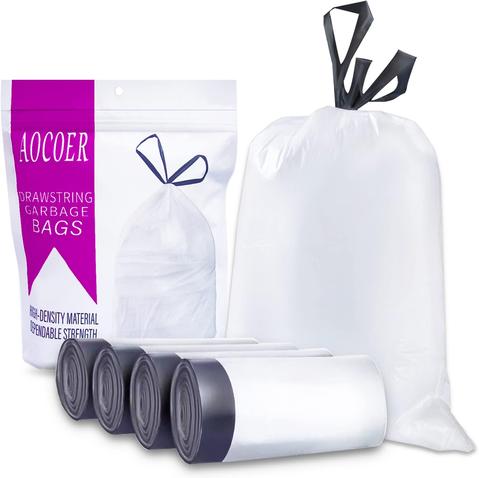 Aocoer 4 Gallon Drawstring Trash Bags, 15 Liter White Garbage Bags, 72 Count