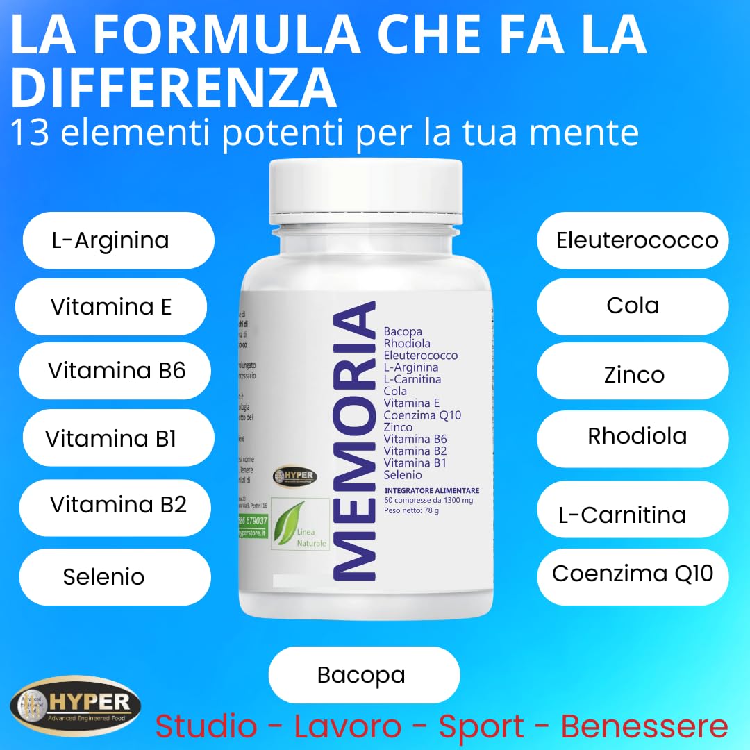 HYPER MEMORIA – Integratore per Concentrazione, Focus e Energia Mentale con Bacopa, Rhodiola, Eleuterococco, L-Arginina, L-Carnitina, Coenzima Q10, Vitamine B1 - B2 - B6 -E, Zinco e Selenio.