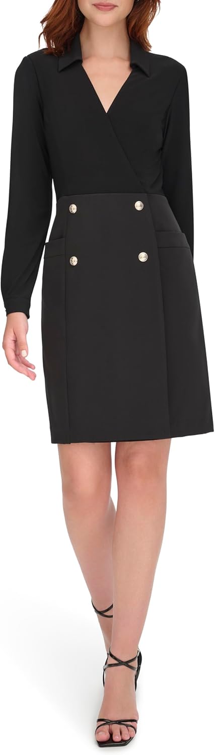Tommy Hilfiger Womens Jersey/Crepe Mix Faux Wrap Double Breasted Shirt Dress Dress