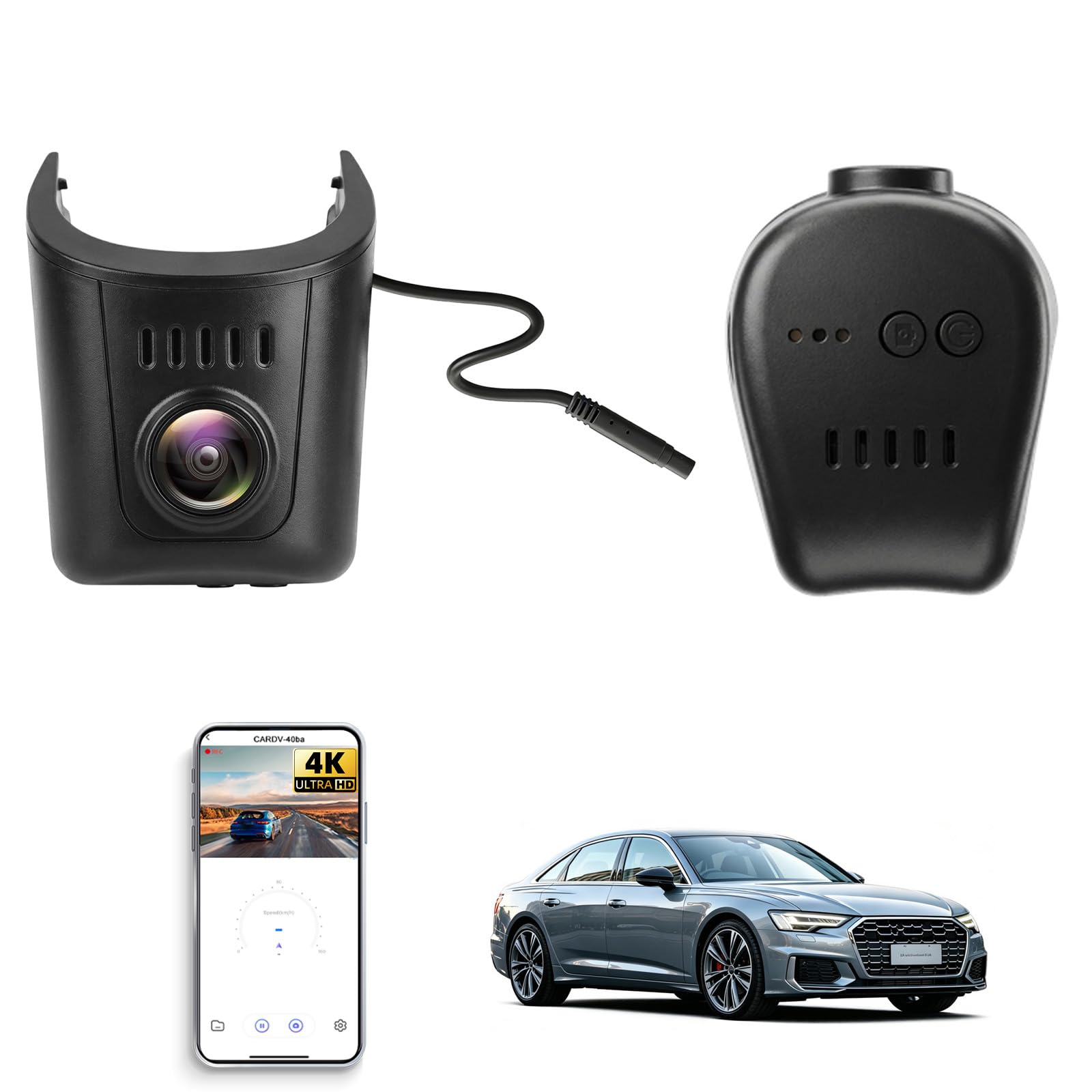 4K Dashcam para Coche Apto para Audi A1 A3 A4 A5 A6 A7 A8 e-Tron Sportback GT Q2 Q3 Q5 Q7 Q8 TT R8 2019-2026, 4K WiFi-App, OEM, 2160P UHD Video, Sensor G, visión Nocturna, Plug & Play