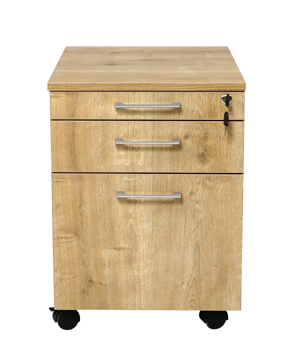 furni24 Rollcontainer, abschließbarer Aktenschrank mit Schubladen, Büroschrank mit Rollen, für Akten und Dokumente, fürs Büro, Schreibtischcontainer Holz, 3 Schübe Eiche, 43x59x57h