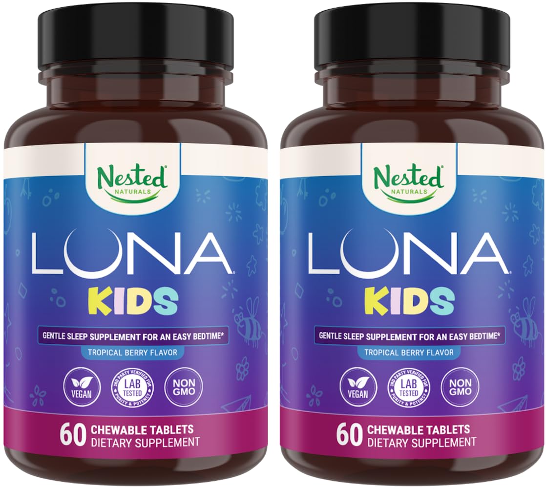 Nested Naturals Luna Kids Sleep Aid Tablets for Children 4+ - Naturally Sourced Ingredients - Gentle, Herbal Supplement with Chamomile, Melatonin, Valerian & Lemon Balm - 120 Chewable Tablets