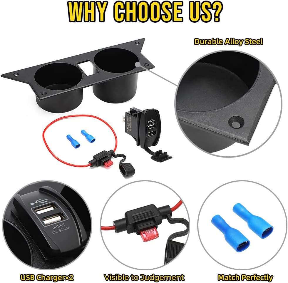 Water Cup Holder for 3rd Third Gen Chevrolet Camaro 1982-1992, Upgraded USB Charger Alloy Steel Cup Holder Insert for Camaro for Center Console Black