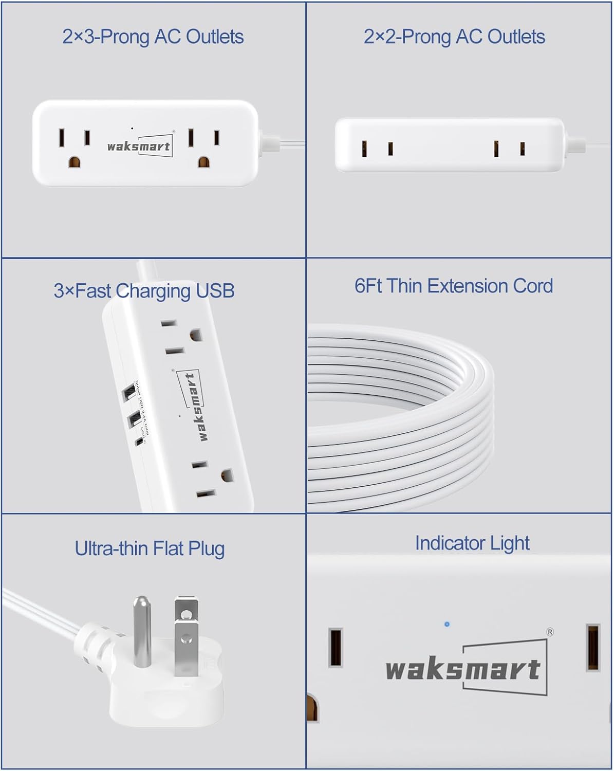 Flat Extension Cord 6 Feet - 4 AC Outlets 3 USB Ports (5V/3.4A 17W), Flat Plug Power Strip Compact for College Dorm, Travel, Cruise, Home, Office