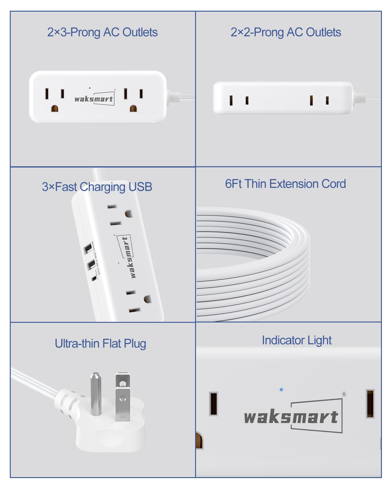 6 Fuß flaches Verlängerungskabel - 4 AC-Ausgänge, 3 USB-Anschlüsse (5V/3.4A 17W), Kompakter Flachstecker Steckdosenleiste für Studentenzimmer, Reisen, Kreuzfahrt, Zuhause, Büro
