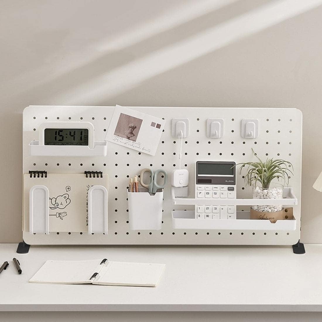 Emuia 多孔構造卓上パネル収納ボード フックトレー付属DIYインテリア板 オフィス書斎寝室洗面所対応簡単取付式ペグボード(スタン