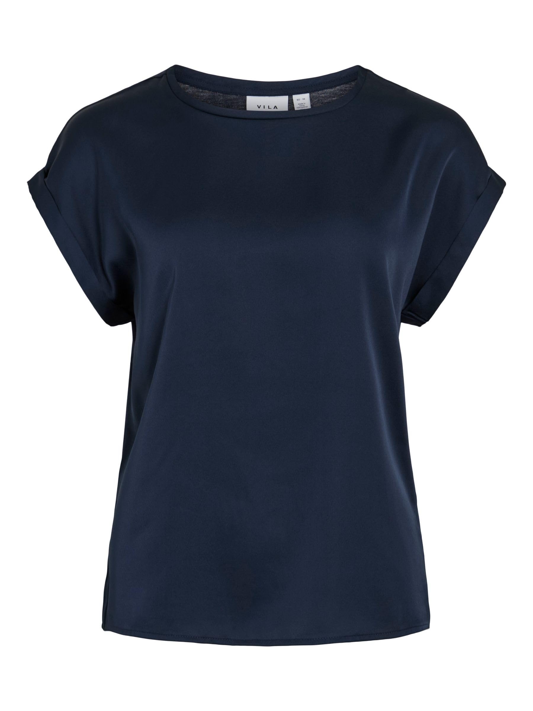 Vila Women's VIELLETTE S/S Satin TOP/SU - NOOS T-Shirt, Navy Blazer, 36