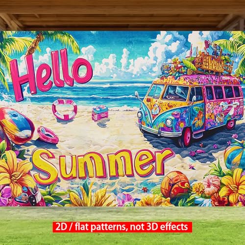 Image of 71x43 Inch Hello Summer Banner Retro Camper Van Beach Backdrop Floral Tropical Yard Decorations Seasonal Outdoor Decor Fence Sign