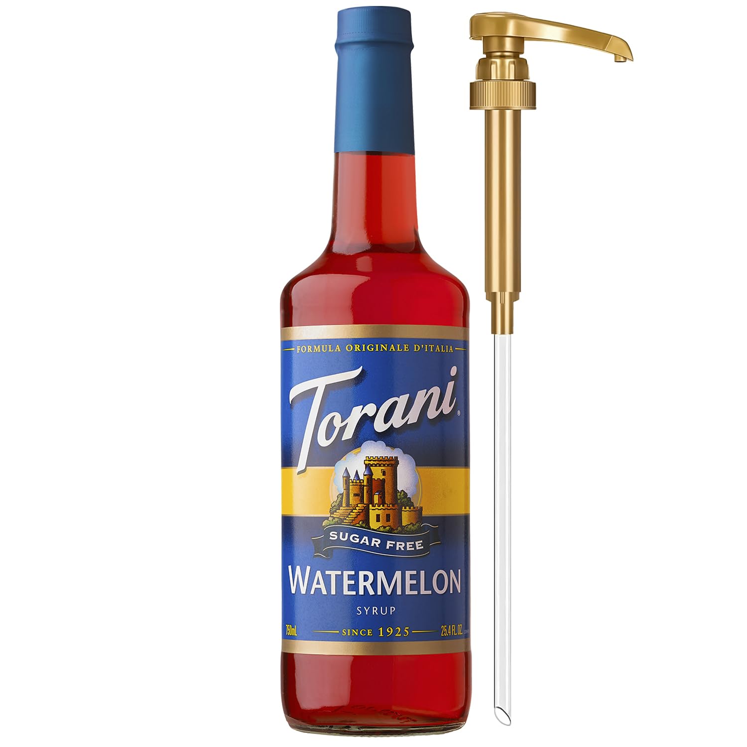 Torani Sugar Free Syrup, Watermelon Flavored Syrup for Drinks, Zero Calorie, Glass Bottle with Pump Included, 25.4 Fl Oz