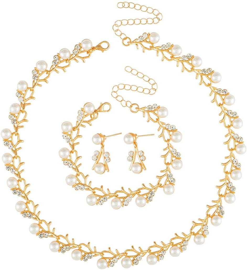 Wedding Pearl Jewelry Sets for Women Rhinestone Necklace Earrings Bracelet Sets Statement Bridal Jewelry Prom Costume Jewelry Set