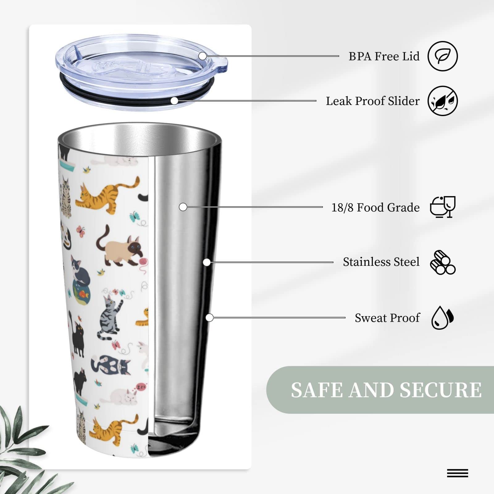 Vaso de gato con tapa y popote, botella de agua aislada de acero inoxidable de 20 onzas, taza de café de viaje, consejos de un gato regalo para mujeres