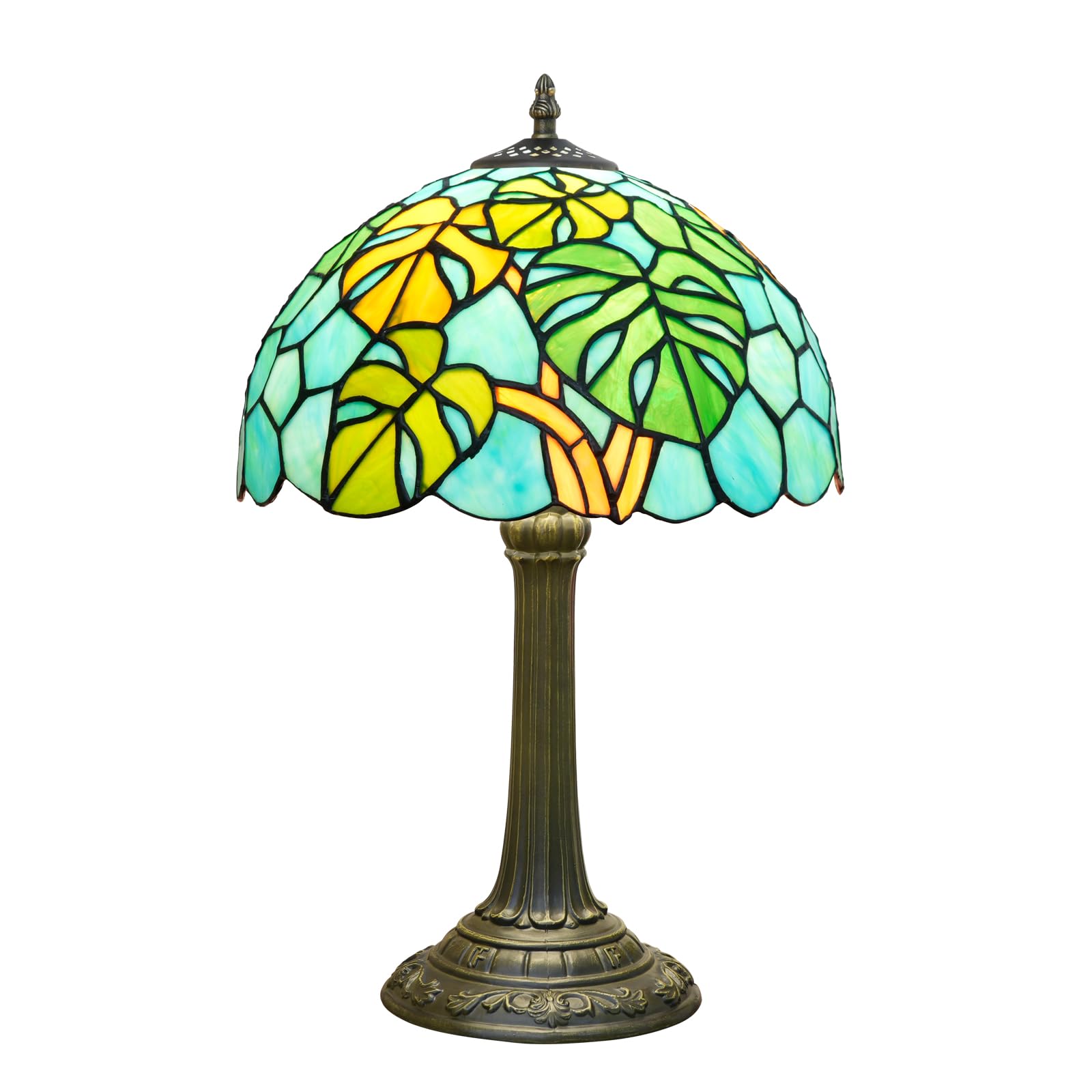 NUODITOS Tiffany Lamp Monstera Deliciosa Style Stained Glass Table Lamp Vintage Monstera Swiss Cheese Plant Bedroom Bedside Light for Home Dorm Office Art Craft Antique Decor 12x12x19 Inches