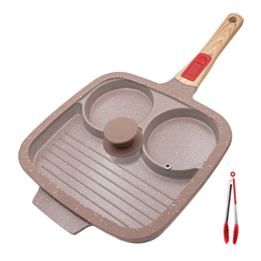 RANX INGST Padella Pancake con Coperchio 3 Fori, 26 cm Padella per Frittate con Rivestimento in Ceramica, Padella per Colazione con Maniglia Rimovibile - Marrone
