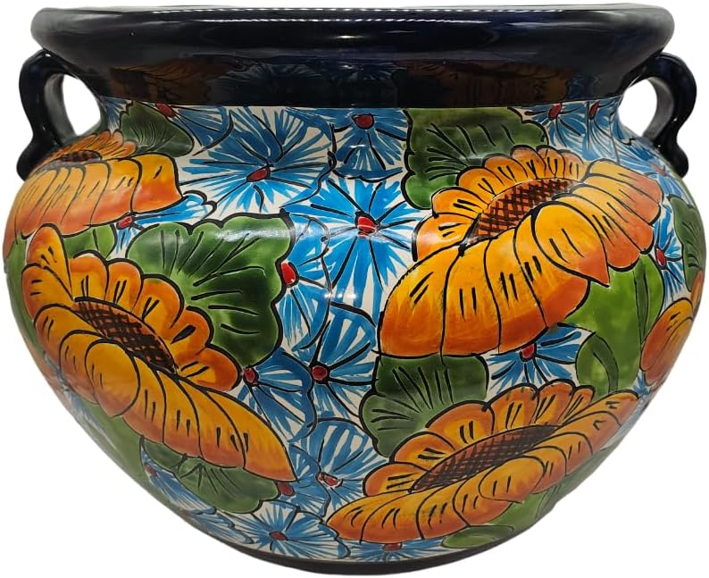 Michoacana Planter Large Hand Painted Pot Indoor Outdoor Multi Colored Glazed (NEW SUNFLOWER)