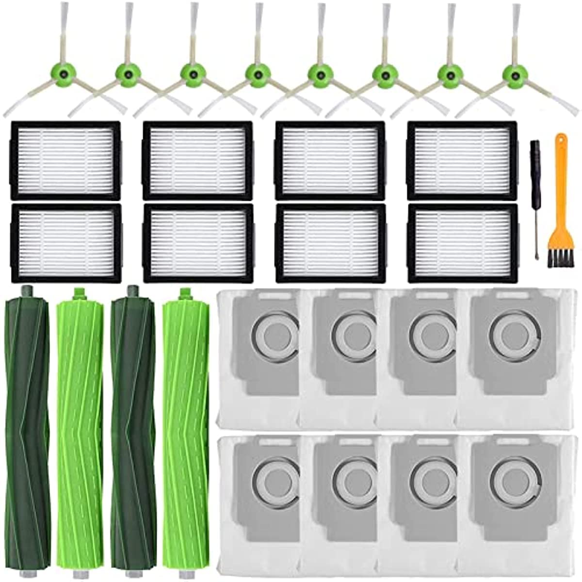 26 Pack Replacement Parts for iRobot Roomba j7(7150) j7+ (7550) i3(3150) i3+(3550) i4 i6 i6+(6550) i7(7150) i7+(7550) i8 i8+ Robot Vacuum,2 Sets Roller Brushes,8 Filters,8 Side Brushes,8 Dust Bags
