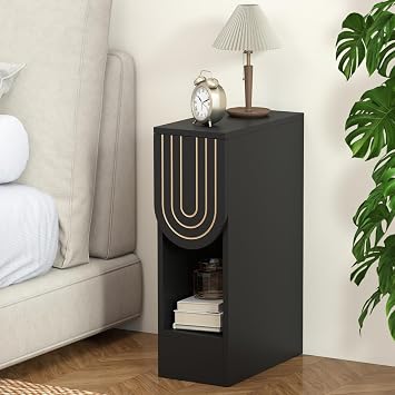 weselon Narrow Nightstand, Slim Bedside Table with Carving Lines Drawer, Mid-Century Modern Small Side End Table for Bedroom Small Space, Wooden Night Stand 1, Black