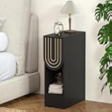 weselon Narrow Nightstand, Slim Bedside Table with Carving Lines Drawer, Mid-Century Modern Small Side End Table for Bedroom Small Space, Wooden Night Stand (1, Black)