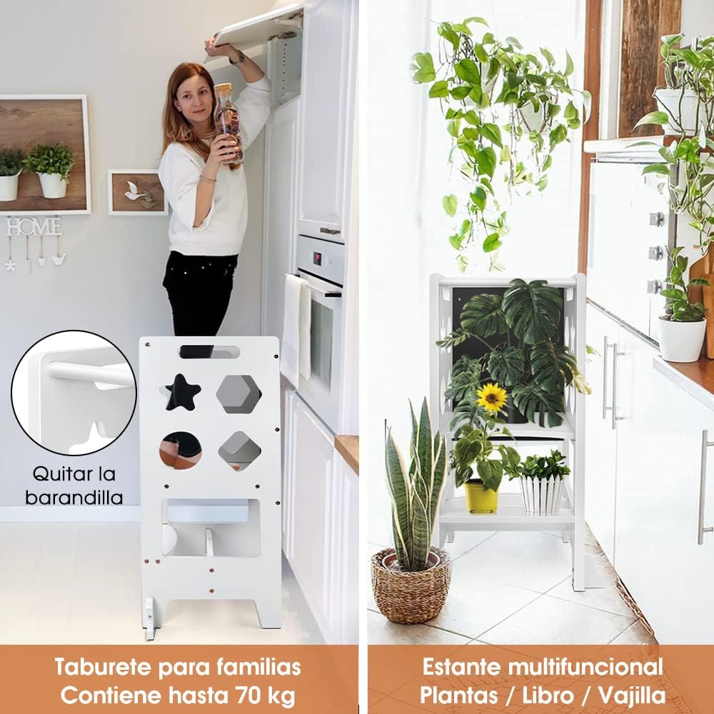 Dripex Torre de Aprendizaje de Madera, Taburete de Cocina para Niños, Torre Montessori bebés, Learning Tower con Pizarra Negra,Taburetes para bebé (Blanco - Estrella)