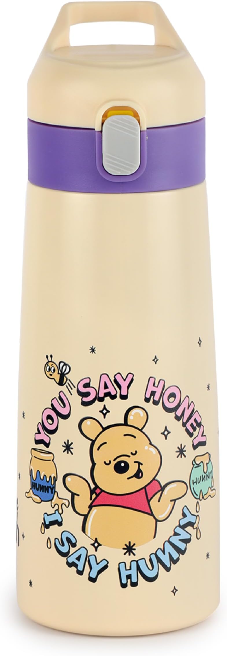 Cello Kidzbee Gulp Hunny Bear Thermosteel Flask | 3D Touch & Feel Disney & Marvel Design | Kids Bottle for School & Picnic | 8 Hours Hot & Cold | Leak Proof with Push Button Lid | 490ml | Off White