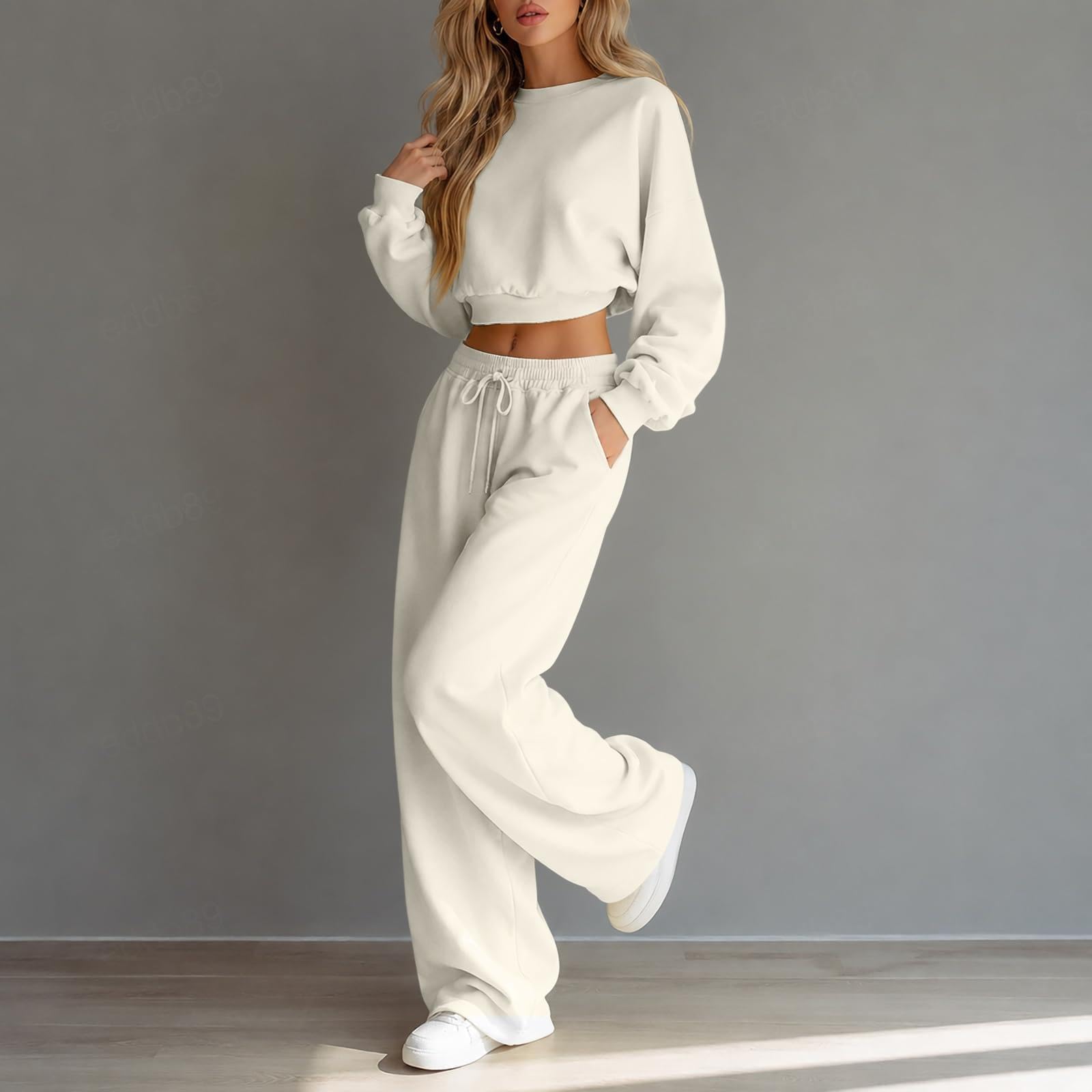 Sportanzug Damen Wide Leg Sweatpants Tracksuit Frau Hände in die Taschen stecken Anzug FüR Damen Ferien, Flughafen, Reisen Und Freizeit,Apricot-XL