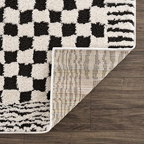 Image of Hauteloom Checker Contemporary Checkered Area Rug - Modern Geometric Bordered Carpet for Living Room, Bedroom - Checkboard Design - Square Tiles - High Pile - Black and White - 6'7 inch x 9' (6x9)