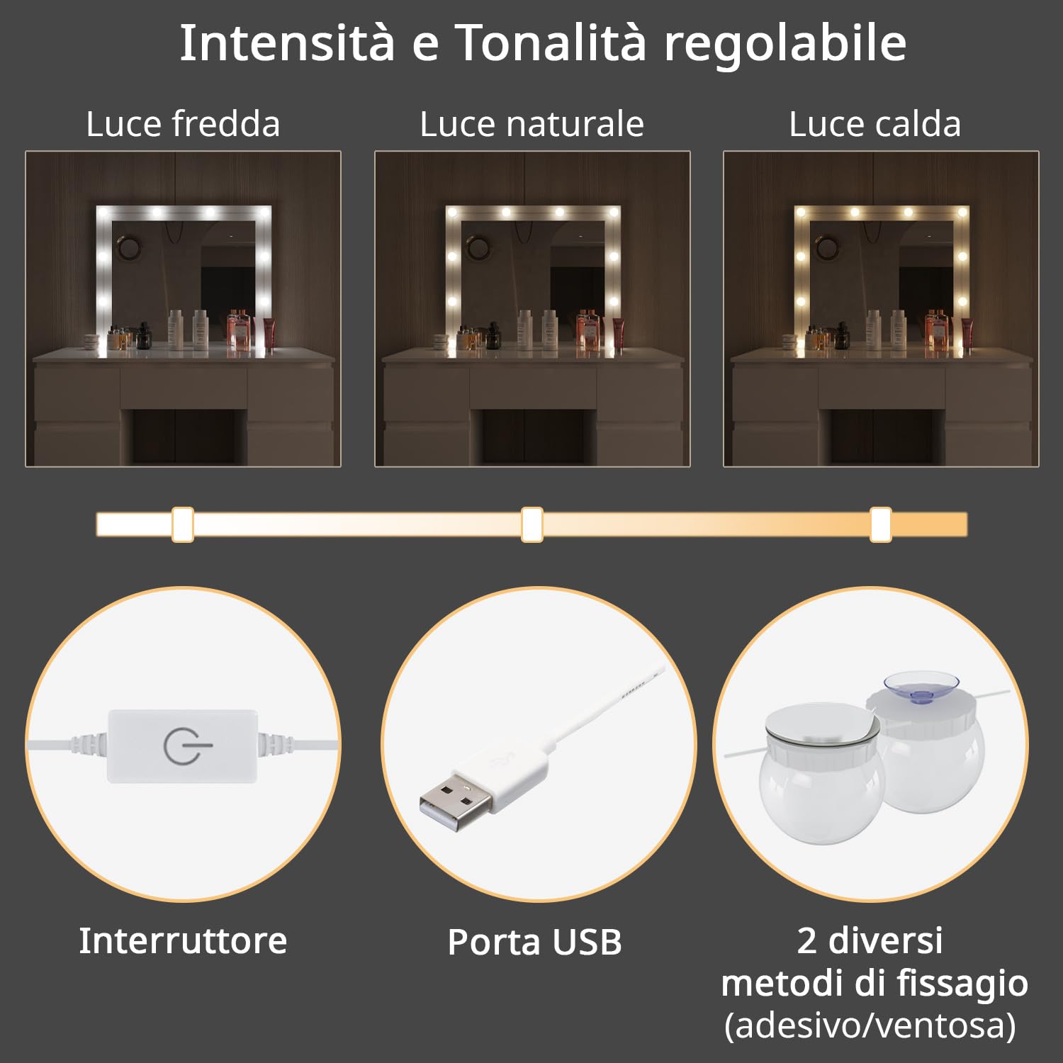 Arreditaly Toeletta Tavolino Da Trucco Tavolo Con 10 Luci LED Luminosità Regolabile Specchio Orizzontale Con 7 Cassetti Postazione Make Up In Legno Design Moderno 39.5 x 110 x 140.5 Cm Bianco
