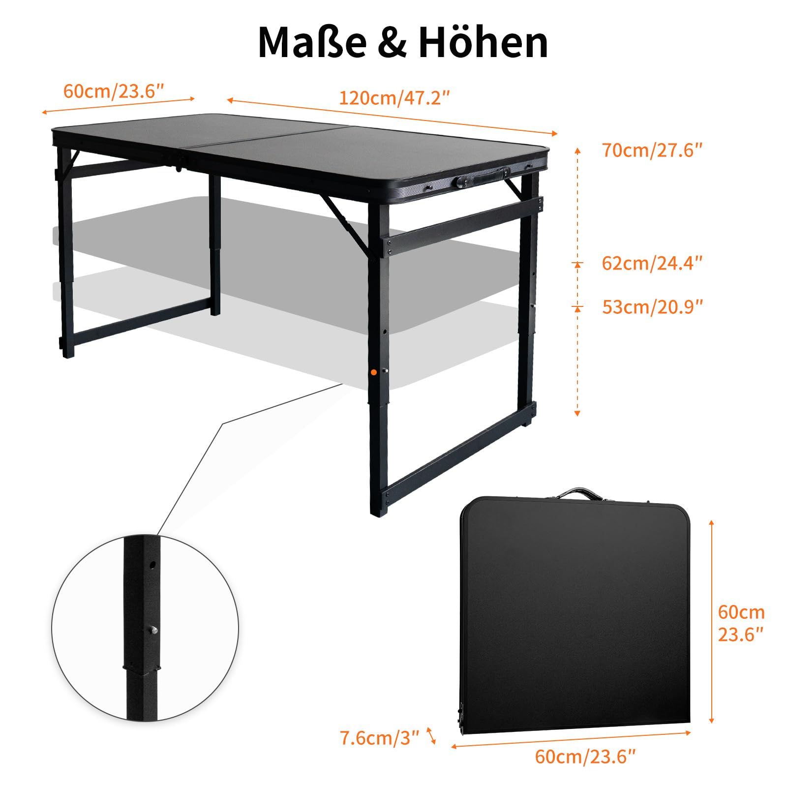 Klappbarer Campingtisch Klapptisch 120 x 60 großer Tisch für Familie und Treffen höhenverstellbar 3 Höhen(53/62/70cm) Multifunktionstisch Mehrzwecktisch stabil für Camping Garten Terrasse Party BBQ