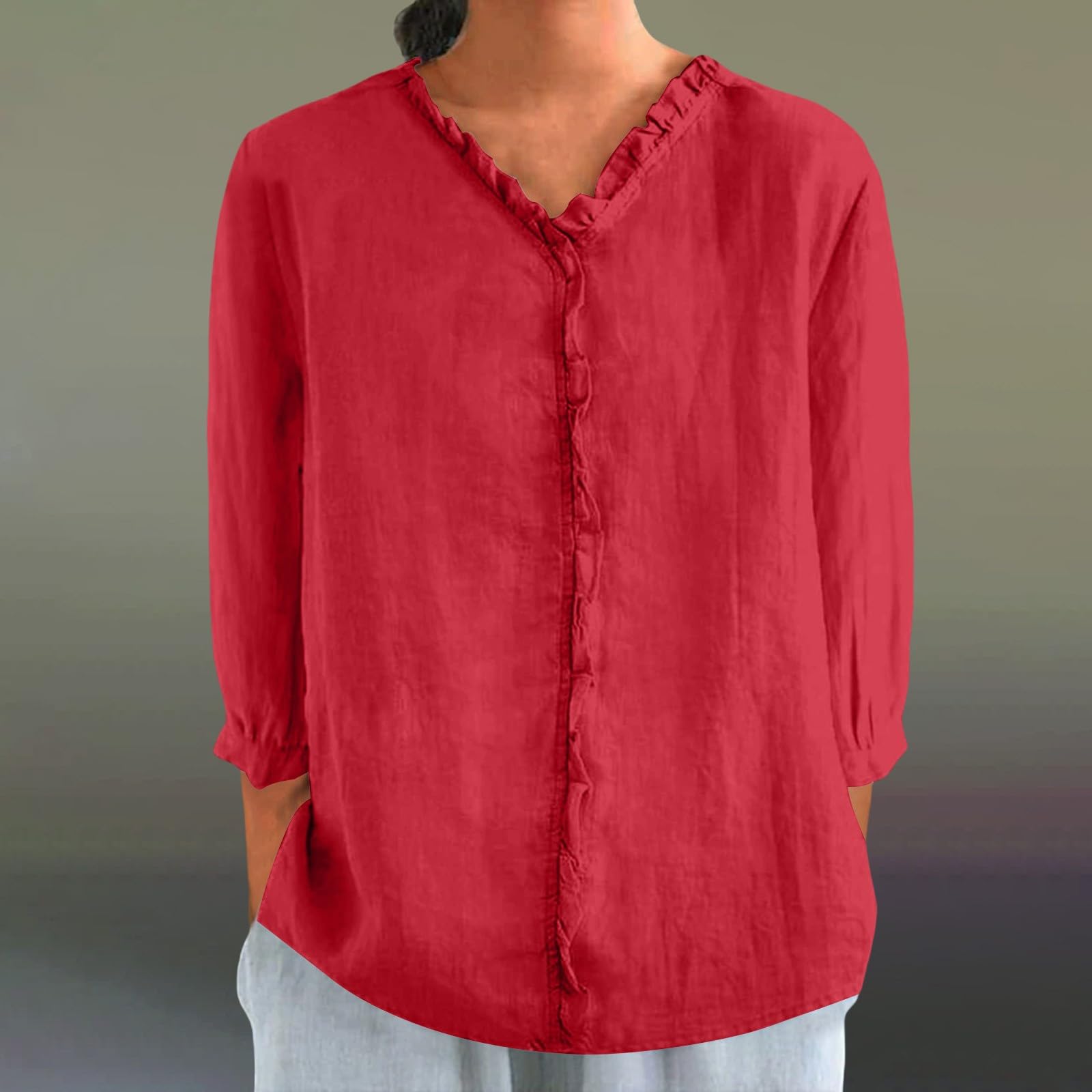 T-shirt à manches 3/4 pour femme, col en V, coton et lin, microfibre, chemises avec volants, couleur unie, tunique ample confortable, chemisier polyvalent, élégant, tendance, décontracté
