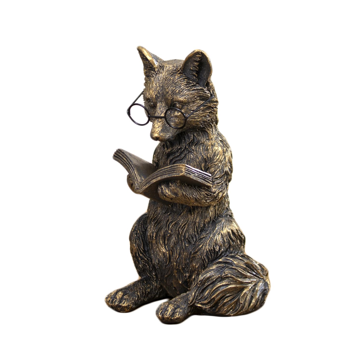Darthome Antique Gold Reading Fox Ornament, Resin, Distressed Gold Finish, Woodland Animal Home Decor, W9cm x H16cm x D10cm