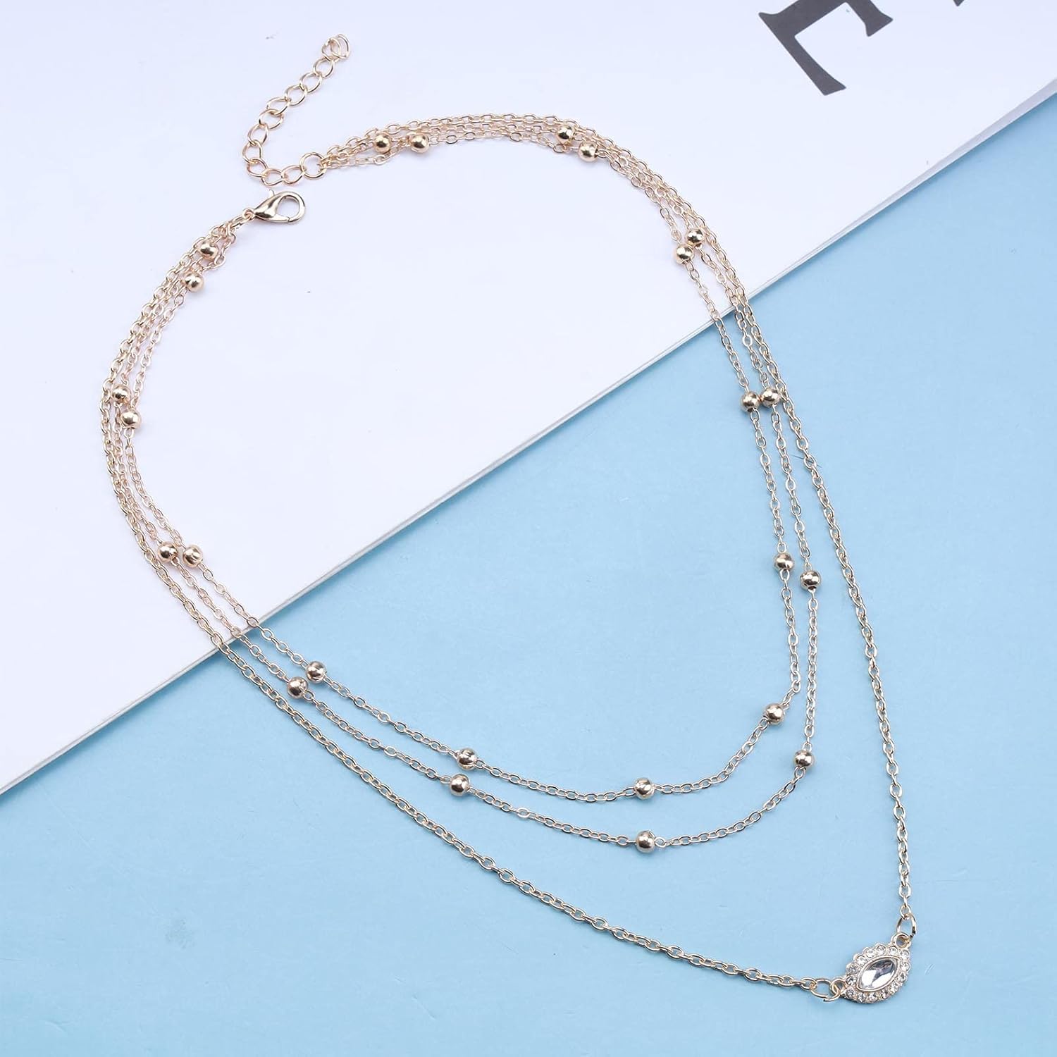 Bohemian Layered Rhinestone Necklace Crystal Pendant Necklace Chain Oval Cz Gemstone Collarbone Necklace Choker Gold Satellite Chain Necklace Jewelry for Women - Image 3