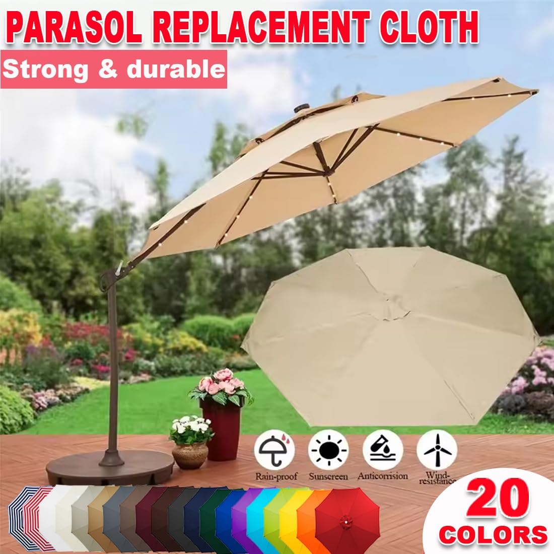 Zapasowy baldachim do parasola UV50+, wodoodporna tkanina, targ ogrodowy, basen, patio, osłona pasuje do parasoli od 2,0 m do 4,0 m, 6/8 żeber, ochrona przed słońcem na zewnątrz