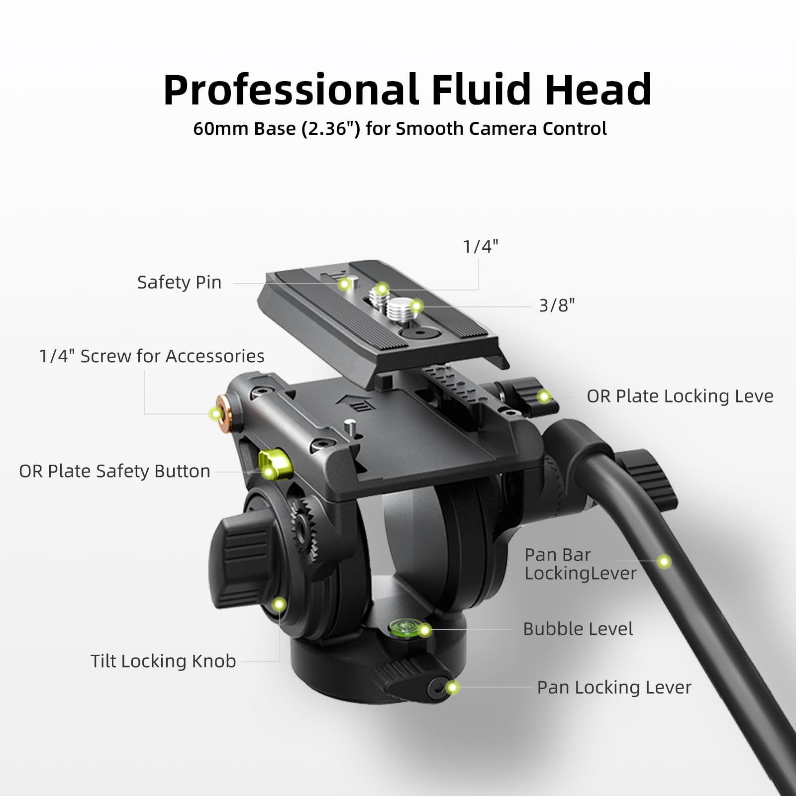 Cayer BV01 Trépied Video Compact avec Tête Fluide - 65" (165 cm) Léger en Aluminium pour Voyage, Tête 360°, Plaque Rapide et Charge Maxi 13.2 LB pour Reflex, Caméscope, Caméra