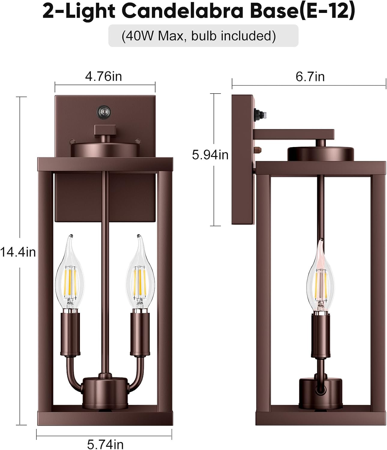PARTPHONER Dusk to Dawn Outdoor Wall Sconce 2-Light, Transitional Wall Lantern Tall Wall Lamp, Waterproof Exterior Lighting Fixture with E12 Base Outside Lights for House Porch Garage, Bronze 2 Pack
