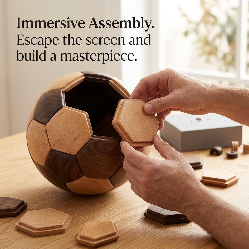 3D Wooden Soccer Ball Puzzle for Adults Mortise and Tenon Building Blocks Brain Teaser Premium Walnut and Beech Wood Desk Decor Unique Sports Fan Gift
