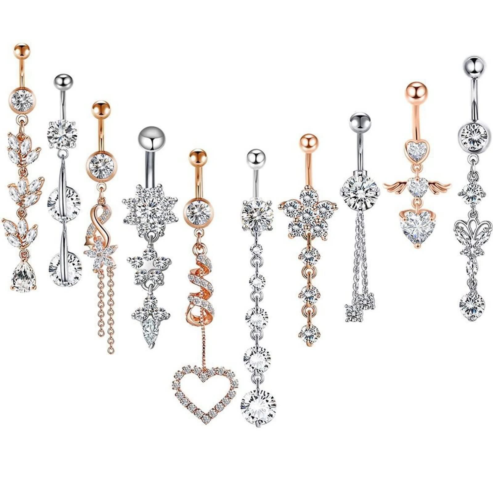 Bauchnabelpiercing Chirurgenstahl Blume, Bauchnabelpiercing H?Ngend Nickelfrei 14G Schmuck Silber Rosegold Set Herz und Zirkonia 10Stück