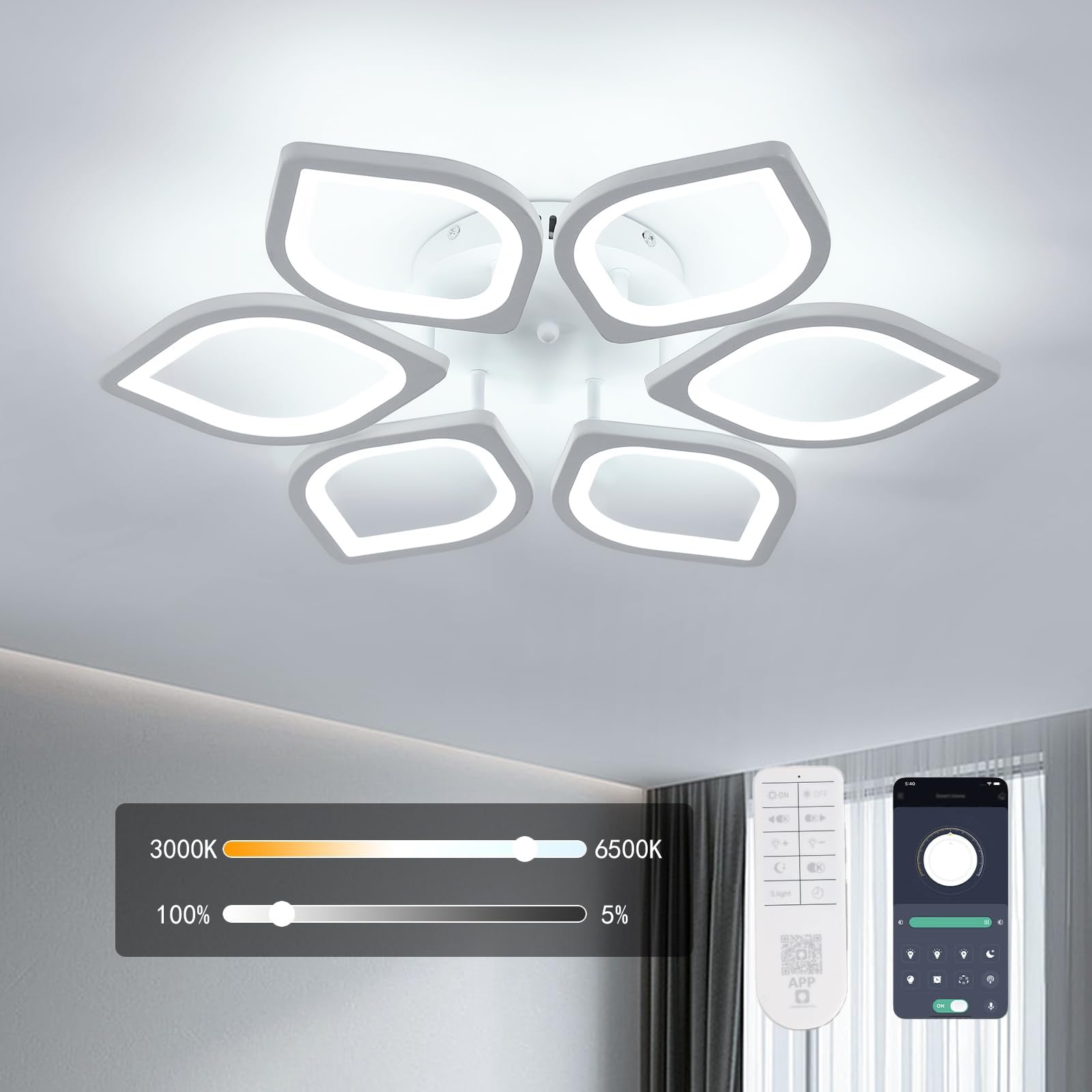 Goeco Living Room Ceiling Light, 19.7“ 3000-6500K Dimmable Acrylic Modern LED Flower Ceiling Light with Remote Control, White Modern Ceiling Lamp for Bedroom, Kitchen,Dining Room