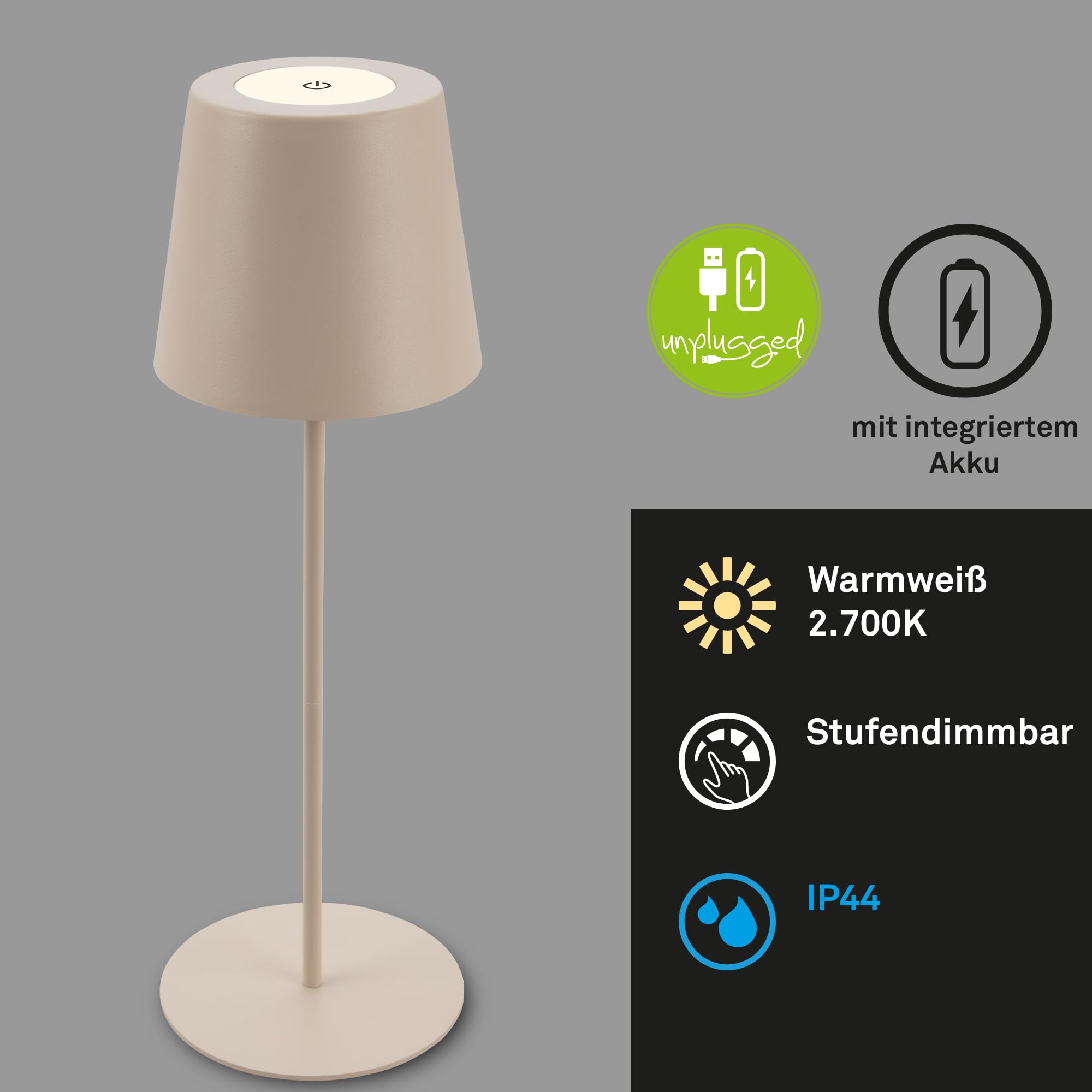 Briloner Lote de 2 lámparas mesa LED inalámbricas, altura regulable, regulable táctil, batería reemplazable, recarga USB-C, lámpara decorativa noche, Ø12 x 36 cm, Beige