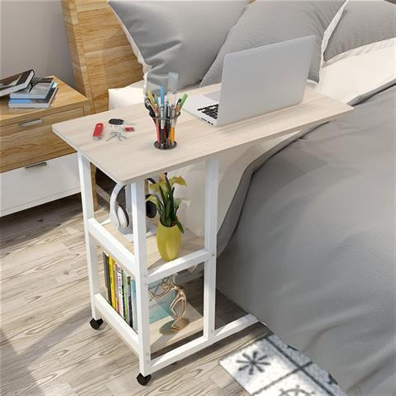 YNBSHGAA Movable Simple Laptop Desk Side Table Mobile Lazy Table Bedside Laptop Desk with 2-tier Storage Shelvs and Lockable Pulleys,C