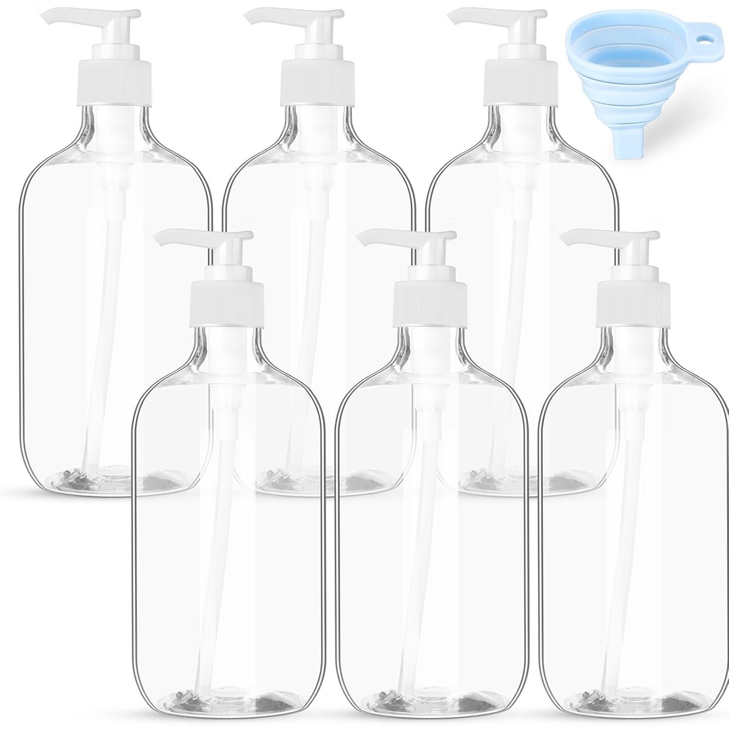 Sliner 6 Pcs Plastic Shampoo and Conditioner Dispenser Bottles 16.9 oz Shower Bottles with Pump 12 Labels and 1 Silicone Funnel Reusable Hand Soap Containers for Bathroom Shower(Clear)